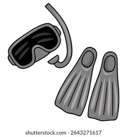 Stylish vector illustration of diving mask, snorkel, and flippers in grayscale, perfect for summer-themed designs or water sports equipment catalogs.