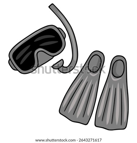 Stylish vector illustration of diving mask, snorkel, and flippers in grayscale, perfect for summer-themed designs or water sports equipment catalogs.