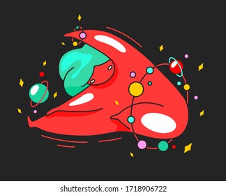 Stylish vector illustration of a fat girl with space orbits doing stretching. Yoga, tilt to the leg. Unusual illustration for fashion design of yoga lovers. Picture in a dark theme for an online store