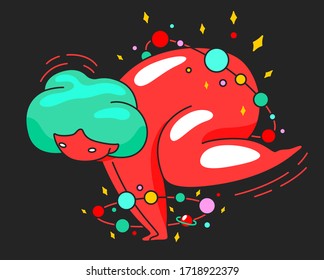 Stylish vector illustration of a fat girl with space orbits in the pose of a contemplating crane. Yoga, handstand. Unusual illustration for fashion design of yoga lovers. Picture in a dark theme.