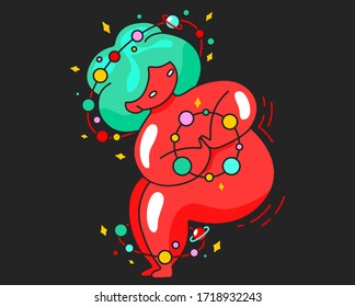 Stylish vector illustration of a fat girl with space orbits in the pose of an inverted chair. Yoga, Parivritta utkanasana. Unusual illustration for fashion design of yoga lovers. Cosmos theme.