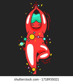 Stylish vector illustration a fat girl with space orbits stands in a tree pose. Yoga, vriksasana, balance. Unusual illustration for fashion design of yoga lovers. Universe, poster. Cosmoc theme.