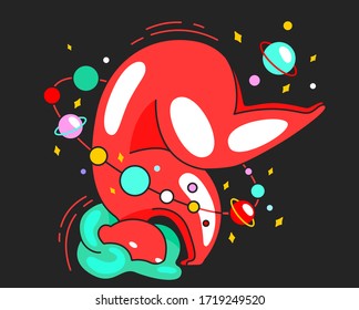 Stylish vector illustration of a fat girl with space orbits standing in an inverted pose. Yoga, balance, concentration. Unusual illustration for fashion design of yoga lovers. Universe, World Yoga Day