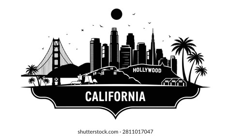 A stylish vector illustration featuring the iconic California skyline including the Golden Gate Bridge and Hollywood sign.