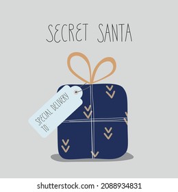 Stylish vector illustration with gift box, tag Special delivery, Lettering Secret Santa. Can use for card, sending of mail, banner