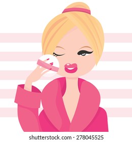 A stylish vector illustration of a girl applying powder on her face in her bathrobe.