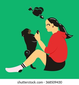 Stylish vector illustration with girl and her cute pug