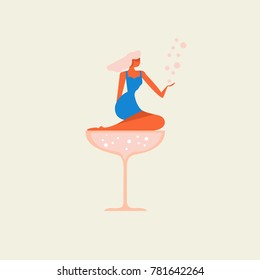 Stylish vector illustration with a girl and a Martini glass.