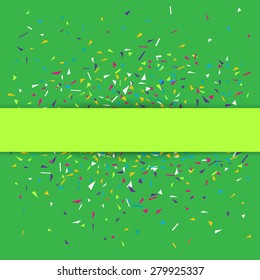 Stylish vector illustration of a green party background with colorful confetti and lime green stripe for your text. Can be used as a greeting card template