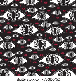 Stylish vector illustration of halloween evil eye, vector pattern with blood on black background