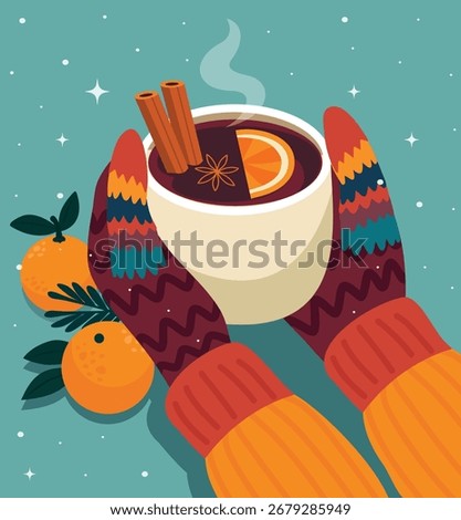 A stylish vector illustration of hands in colorful mittens holding a mug of mulled wine with orange and spices. Perfect for Christmas and New Year's cards, posters, and seasonal decor