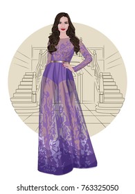 Stylish vector illustration of happy beautiful brunette young woman with long curly hairstyle in lavender long evening dress. Realistic cartoon lady in elegant party gown. Beige ballroom background