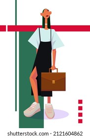 Elegante ilustración vectorial.La imagen de una mujer de negocios moderna sobre un fondo abstracto.Una figura femenina estilizada con cabello verde y un maletín.Para publicidad, afiches, ropa, diseño, creatividad.