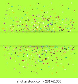 Stylish vector illustration of a lime green party background with colorful confetti and a silky ribbon for your text. Can be used as a greeting card template