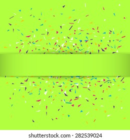 Stylish vector illustration of a lime green party background with colorful confetti and silky ribbon for your text. Can be used as a greeting card template