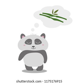 Stylish vector illustration. Little cute panda thinks of eucalyptus. The idea for greeting card with place for your text