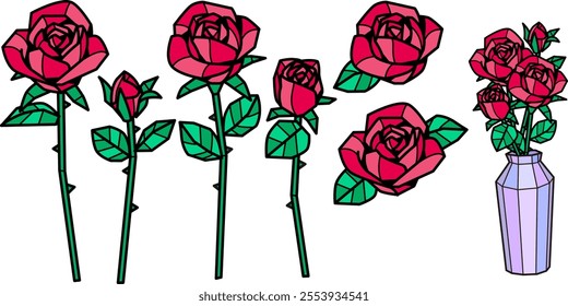 Stylish vector illustration material set of stained glass style roses