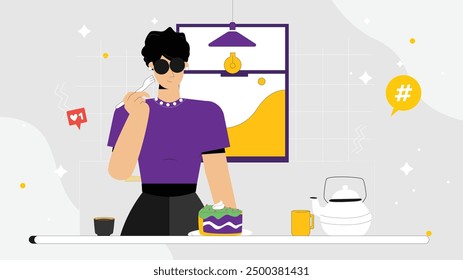 Stylish vector illustration of a modern kitchen scene with a fashionable character enjoying cake, depicting contemporary home life and culinary enjoyment.