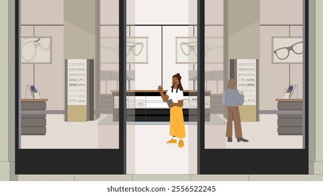 A stylish vector illustration of a modern optical store showcasing trendy eyewear displays, a welcoming staff member, and customers exploring the collection in a clean, contemporary setting.