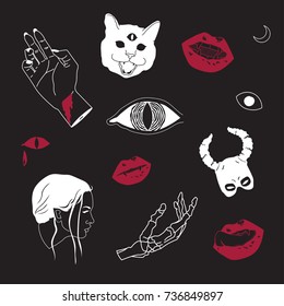 Stylish vector illustration of mystical scary wizard halloween things hand with blood, a cat, a mask, a head of woman, a hand of skeleton, an eye and lips of a vampire on black background