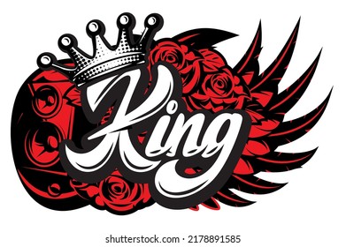 Stylish vector illustration on the theme of rock music with calligraphic inscription King and crown.