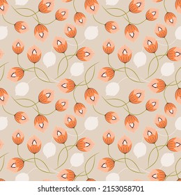 Stylish vector illustration. Orange flowers are randomly arranged on a light background. Abstract seamless pattern. Can be used for wallpapers, covers, postcards, textiles, websites, prints, tiles