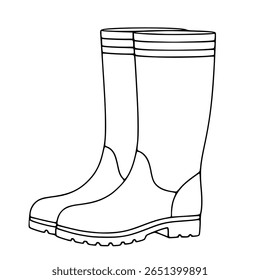 Ilustração vetorial elegante de um par de botas de borracha com um design de arte de linha simples, apresentando uma sola detalhada e manguito listrado.