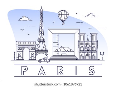 Stylish vector illustration of Paris, France with famous landmarks of the city. Travel and tourism concept art.