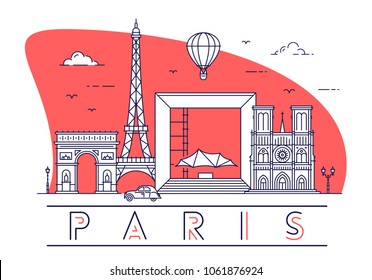 Stylish vector illustration of Paris, France with famous landmarks of the city. Travel and tourism concept art.