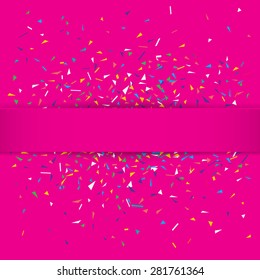 Stylish vector illustration of a pink party background with colorful confetti and a silky ribbon for your text. Can be used as a greeting card template