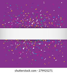 Stylish vector illustration of a purple party background with colorful confetti and white silky ribbon for your text. Can be used as a greeting card template
