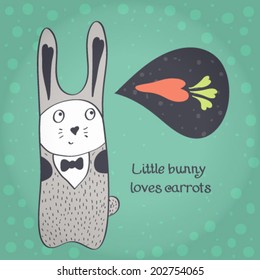 Stylish vector illustration. Rabbit dreams of carrot. Modern wallpaper. Saver for your phone. The idea for greeting card with place for your text