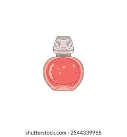 A stylish vector illustration of a red round glass perfume bottle is highlighted on a white background. The icon is perfect for a line of vintage fragrances.