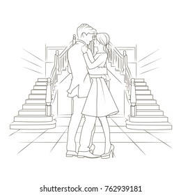 Stylish vector illustration of romantic lovers  hug and dancing. Date beautiful couple. Template for card, poster, banner, invitation. Black and white