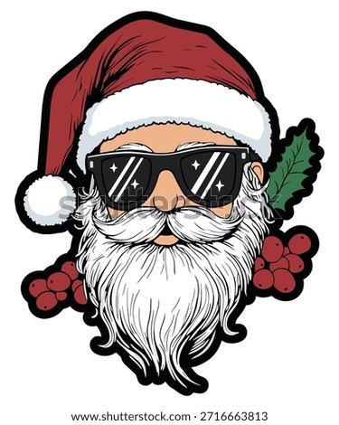 Stylish vector illustration of Santa Claus wearing sunglasses and holding a holly branch, perfect for holiday designs and festive graphics.