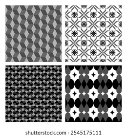 "Elegante conjunto de ilustrações vetoriais de padrões geométricos com linhas limpas, formas em negrito e designs modernos. Ideal para fundos, têxteis, papéis de parede e projetos digitais."