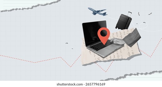 Una elegante Ilustración vectorial que muestra la planificación de viajes de negocios con una computadora portátil y artículos esenciales de viaje.