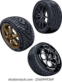 Stylish vector illustration showcasing three unique high-performance tires, perfect for automotive enthusiasts and racing applications, emphasizing design and functionality