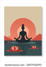 Stylish vector illustration with a silhouette of a person meditating outside at the sunrise. For covers, brochure, banners, flyers and other projects about yoga and relax. For web and printing