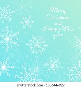 Stylish vector illustration with snowflakes and lettering on blue background. For greeting cards, poster, cover, web and advertising banner, flyer, mailing, package design.