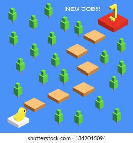 Stylish vector illustration in video game style for the app. Duck is looking for a new job