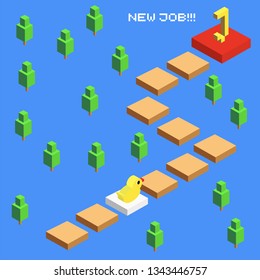 Stylish vector illustration in video game style for the app. Duck is looking for a new job. Duck on the third square