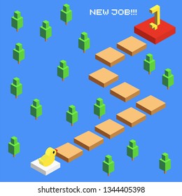 Stylish vector illustration in video game style for the app. Duck is looking for a new job. Ten square