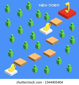 Stylish vector illustration in video game style for the app. Duck is looking for a new job. Two ducks