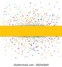 Stylish vector illustration of a white party background with colorful confetti and ye;;ow stripe for your text. Can be used as a greeting card template