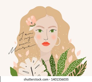 Stylish vector illustration with woman and flowers for card, print on tee, poster, flyer and other.