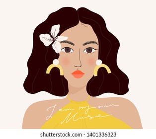 Stylish vector illustration with woman and flowers for card, print on tee, poster, flyer and other.