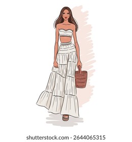 Stylish vector illustration of a woman in a trendy bohemian summer outfit. Perfect for fashion, lifestyle, and summer-themed projects.