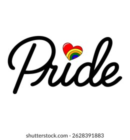 Stylish vector illustration of the word Pride in a bold, cursive script, featuring a small rainbow heart nestled within the design, ideal for LGBTQ+ themed projects.
