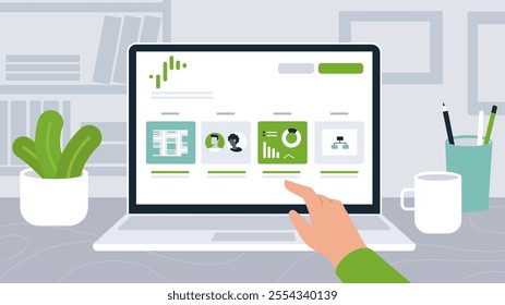 A stylish vector illustration of a workspace featuring a laptop screen showing data analytics and interactive dashboards. Includes a desk setup with potted plants, stationery, and a coffee cup for a m